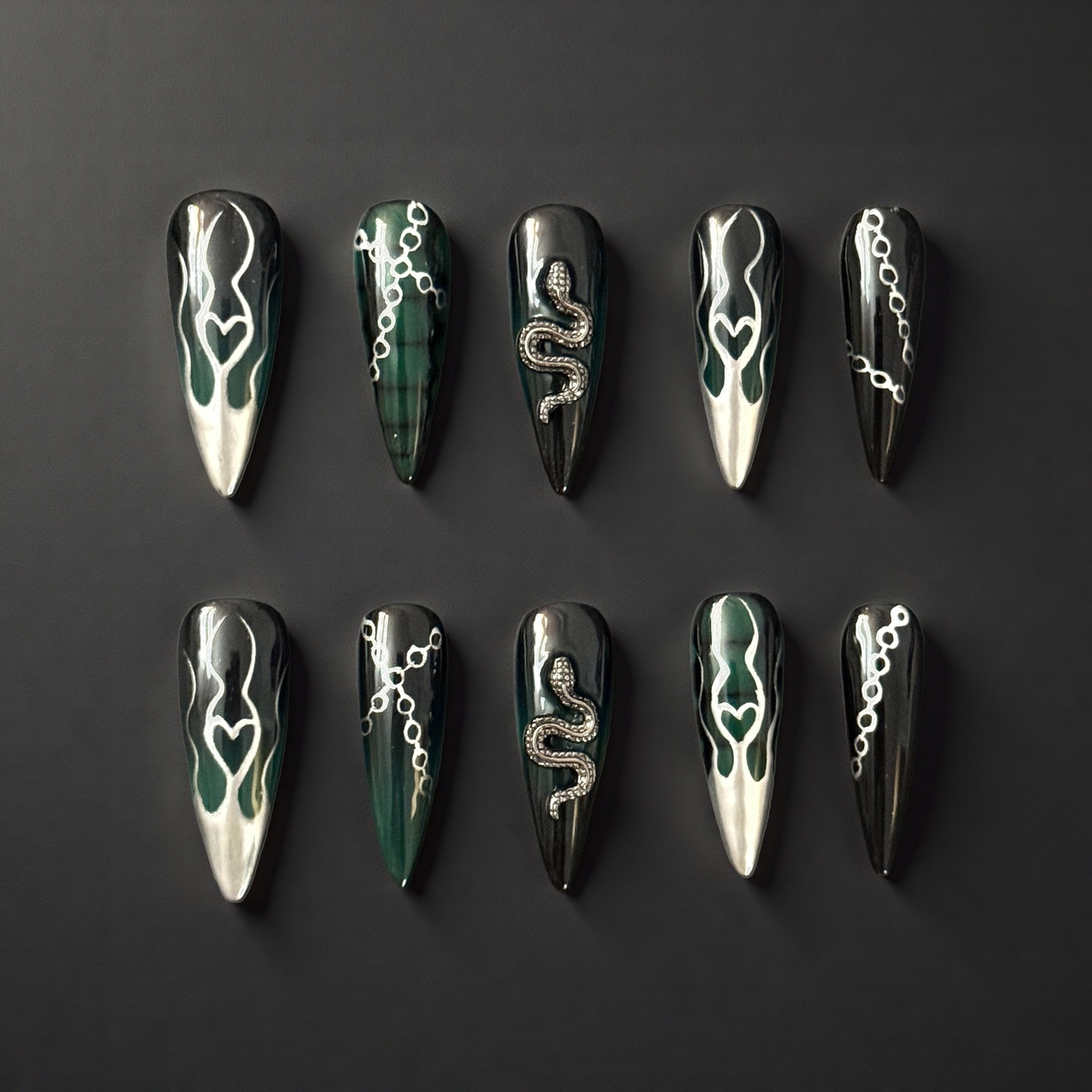 Emerald Chrome Snake Stiletto Press-On Nails