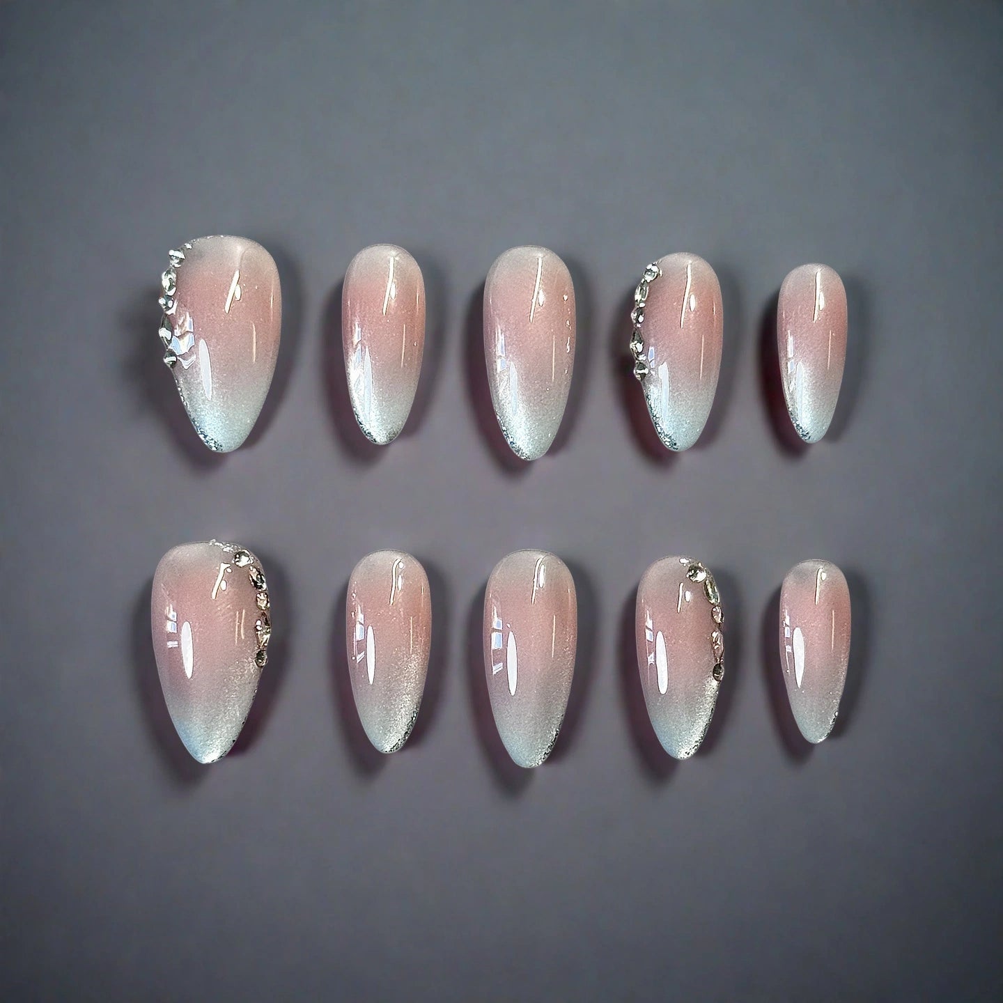 Elegant Cat eye Pink-White Ombre Press-On Nails with Crystal Accents