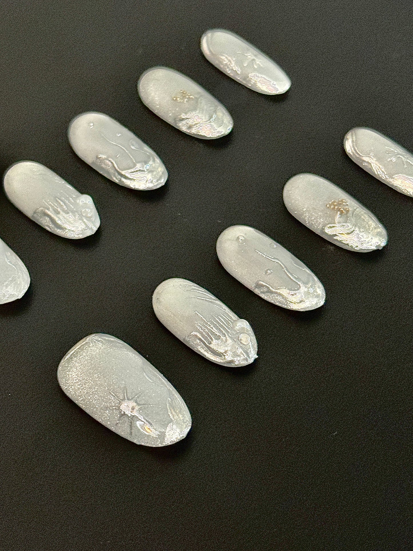 Silver Metallic 3D Texture Press-On Nails | Handmade Ice Chrome Set