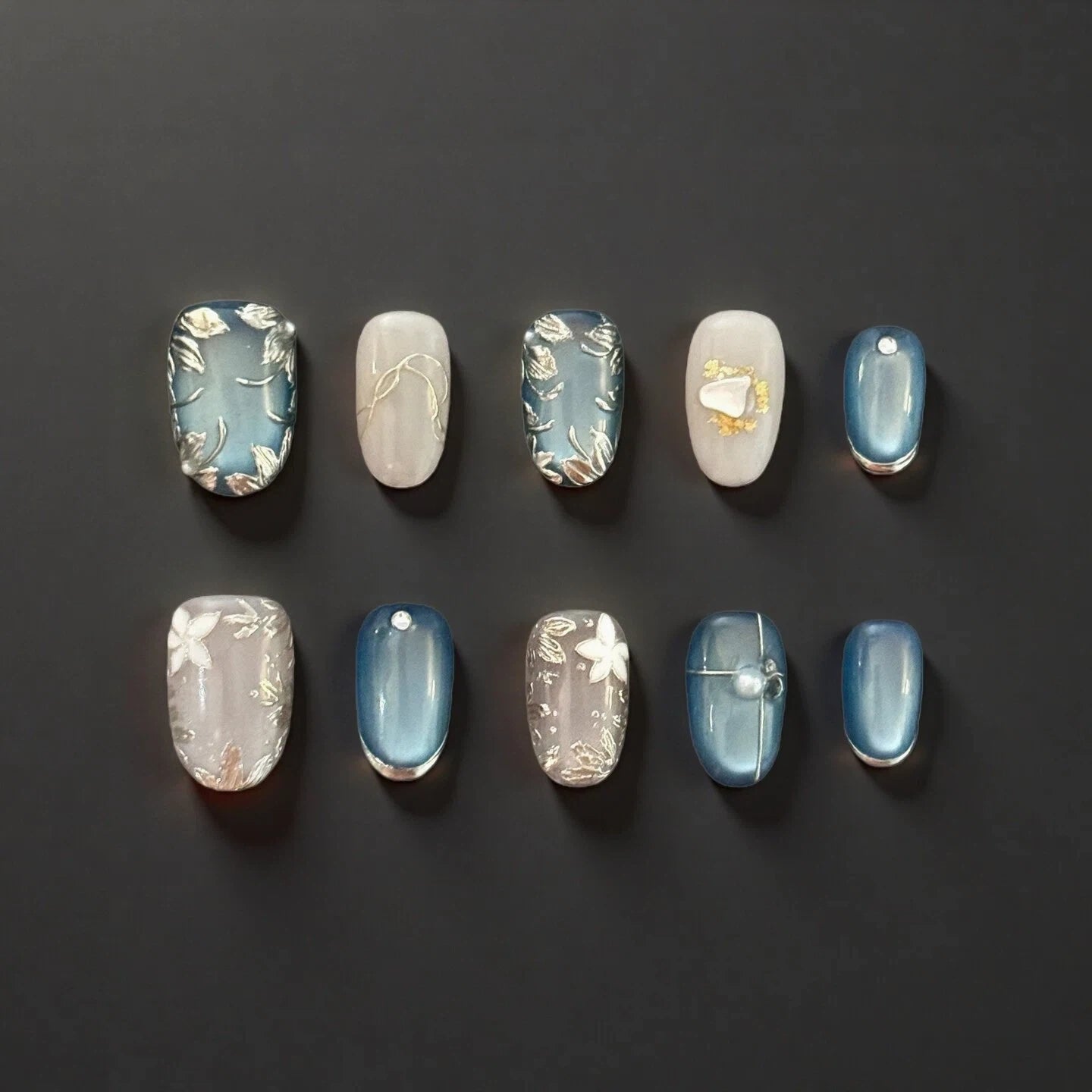 Blue & Nude Hand-Painted Floral Press-On Nails | Elegant Winter Botanical Design