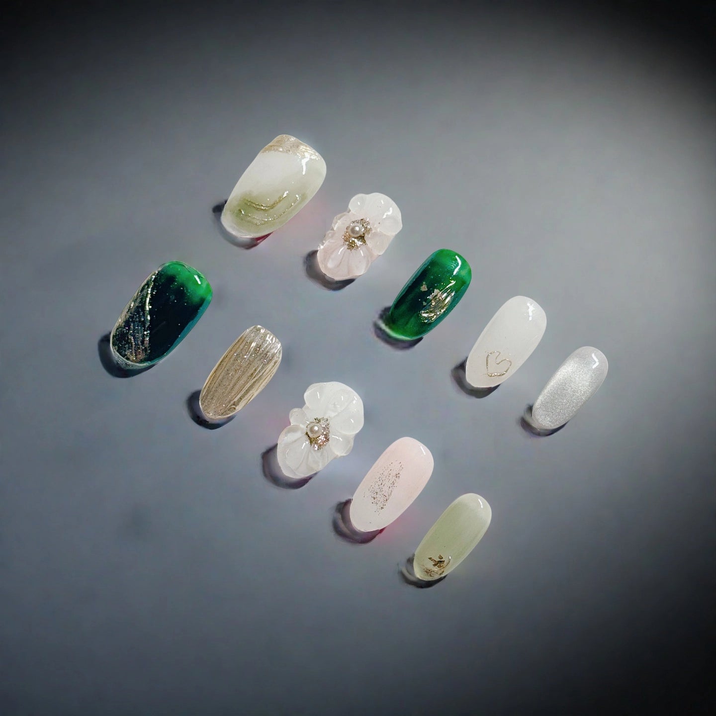 Jade Blossom Harmony – 3D Floral & Green Press-On Nails