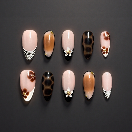 Brown Tortoise & Nude Blossom Press-On Nails