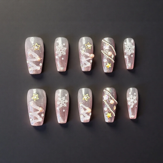 Pink Snowflake & Pearl Winter Wonderland Press-On Nails