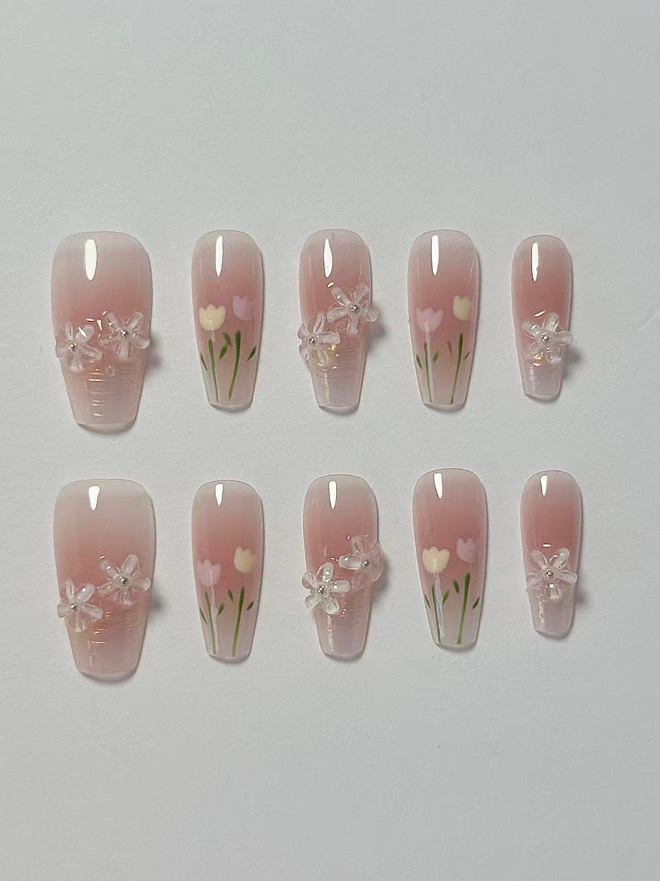 Blush Pink Blossom & 3D Flower Press-On Nails