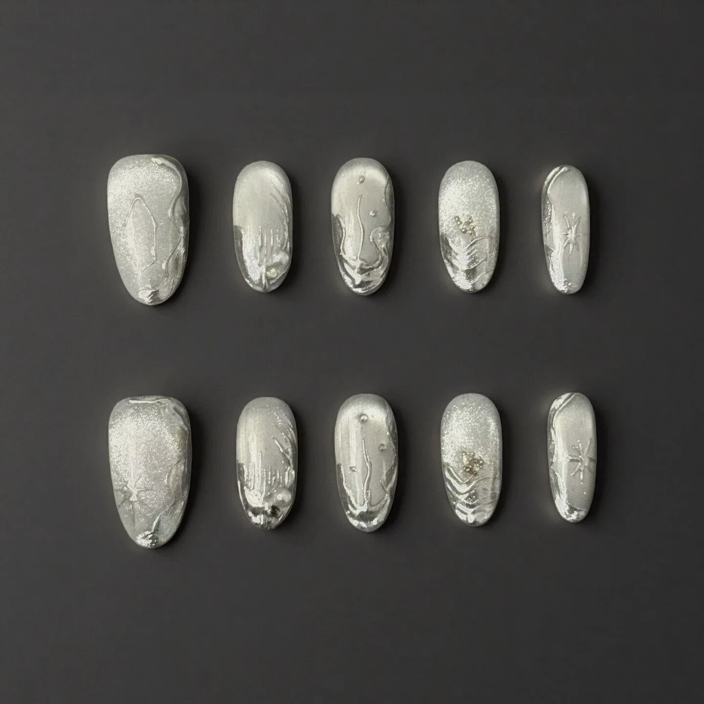 Silver Metallic 3D Texture Press-On Nails | Handmade Ice Chrome Set