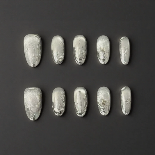 Silver Metallic 3D Texture Press-On Nails | Handmade Ice Chrome Set