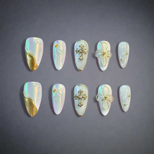 Iridescent Gold Cross & Flower Press-On Nails