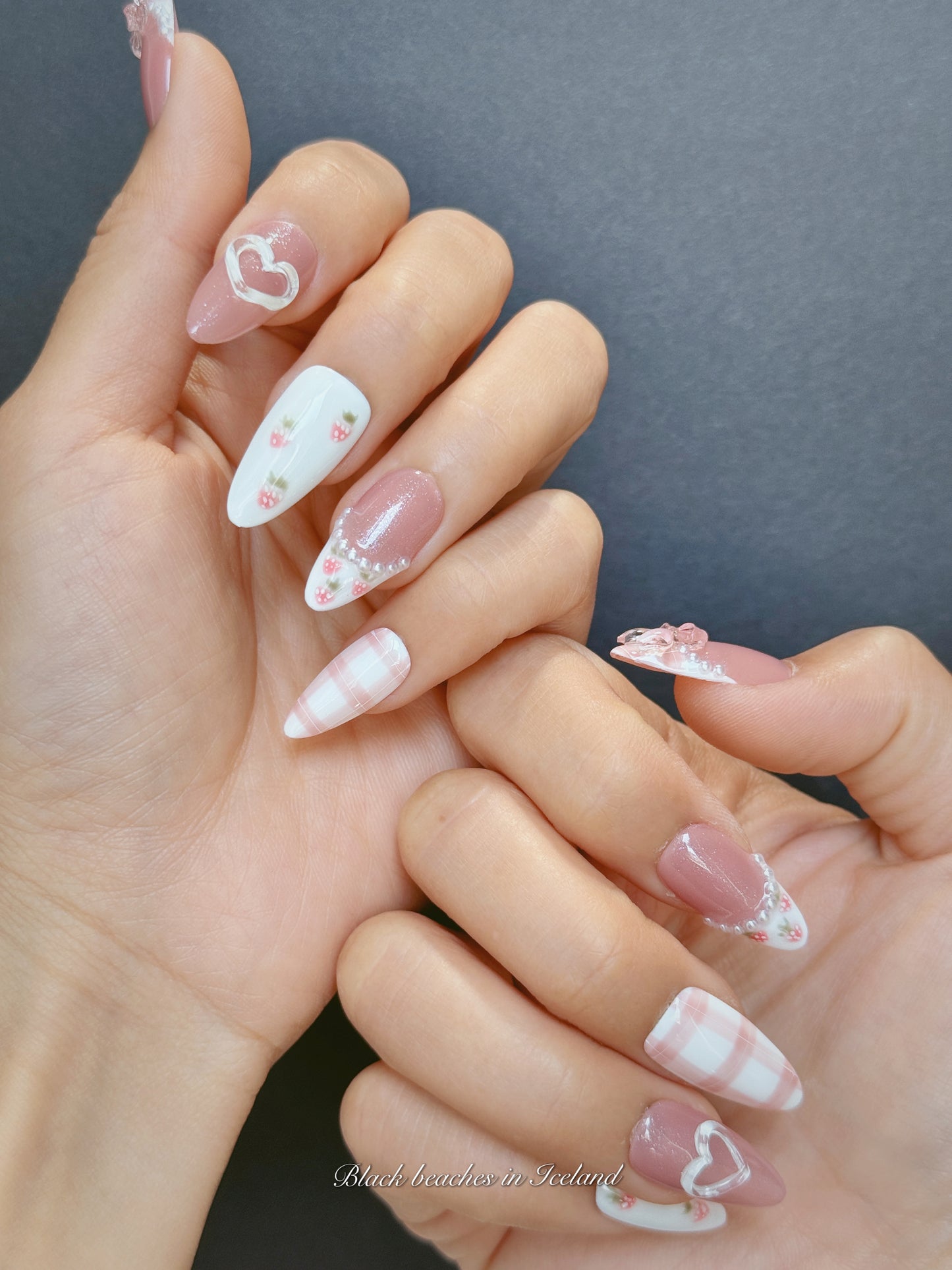 Strawberry Picnic Nail Set | Sweet Pink Plaid with 3D Hearts & Pearls