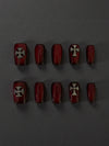 Gothic Red Cross Press-On Nails – Dark Wine Chrome Luxury Nail Set