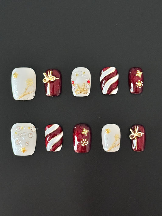 Holiday Red Candy & Snowflake Toe Press-On Nails