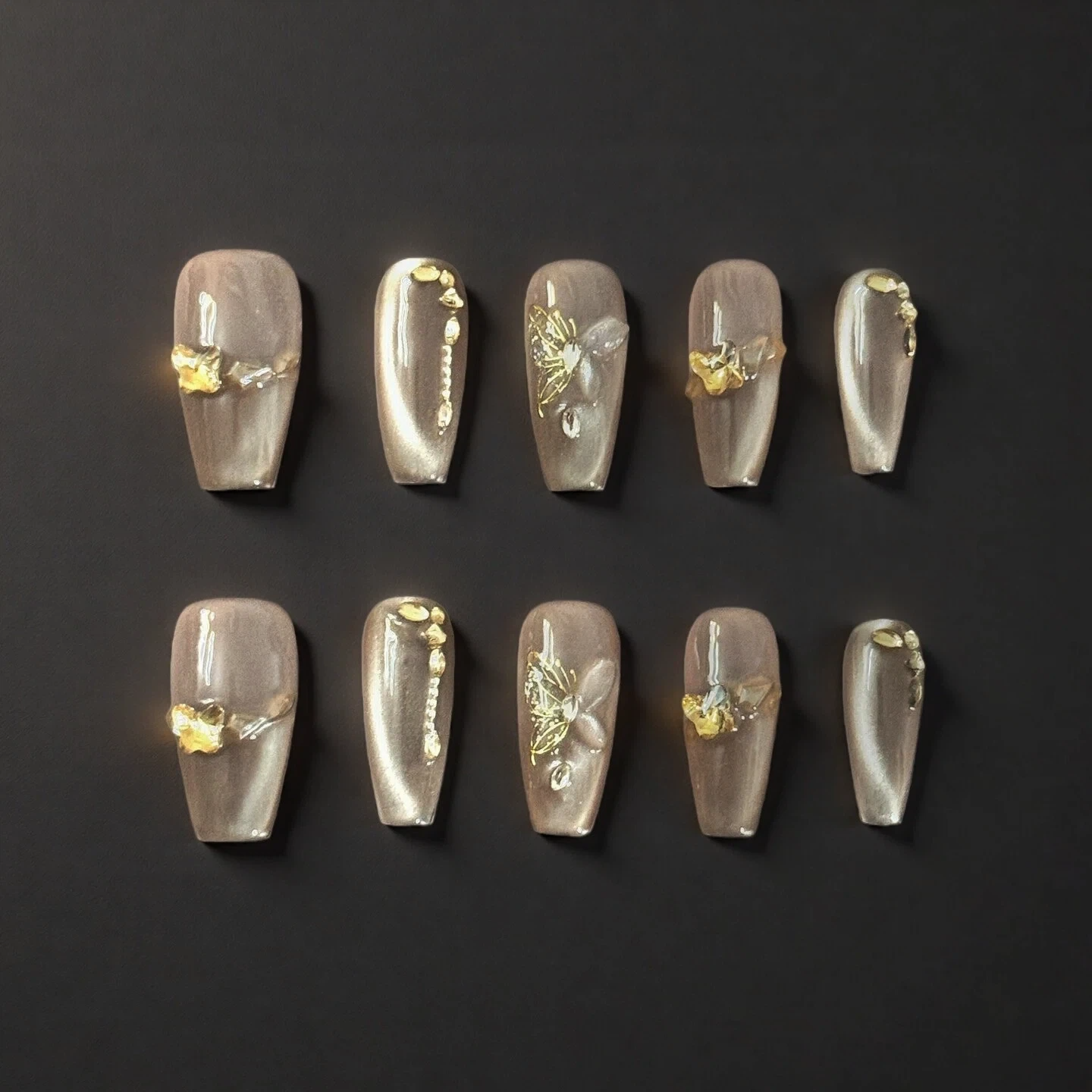 Champagne Nude Floral Press-On Nails | Elegant Handmade Luxury Set