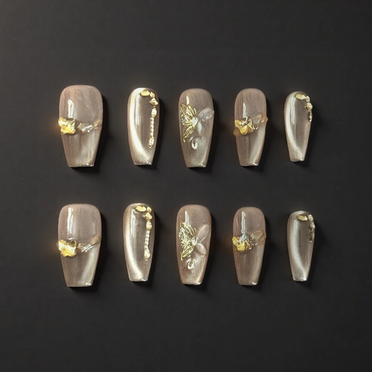 Champagne Nude Floral Press-On Nails | Elegant Handmade Luxury Set