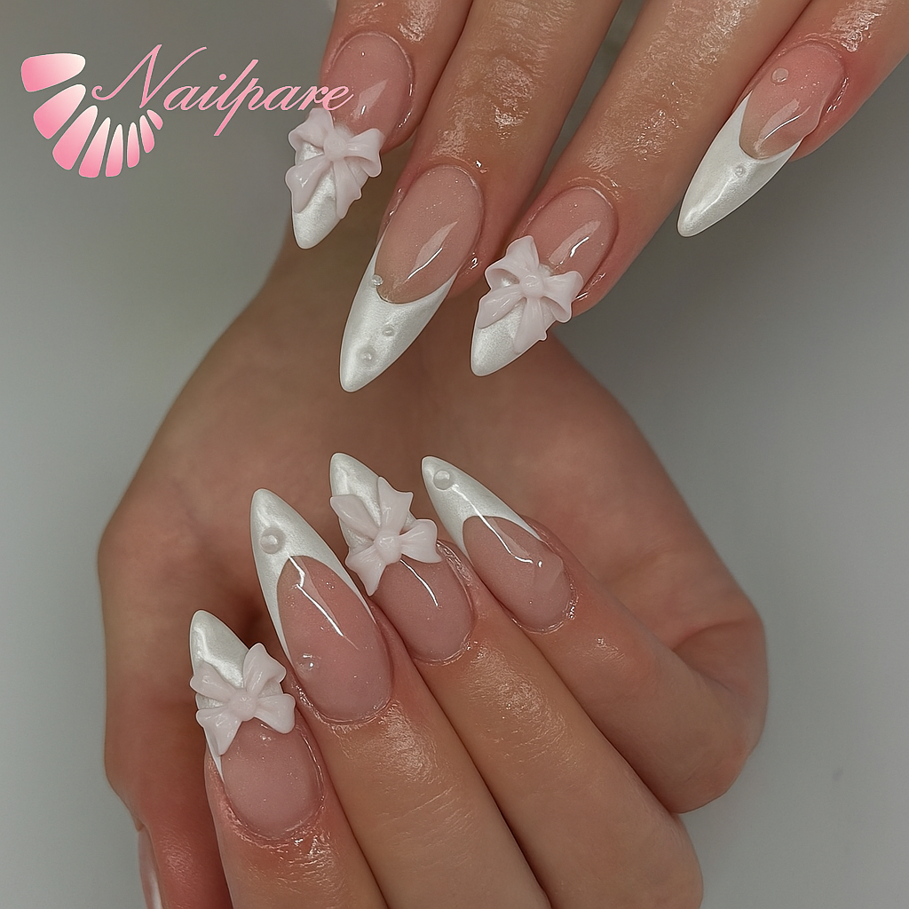 Elegant White French Tip Press-On Nails – Long Almond Shape with Glossy Finish & 3D Bows