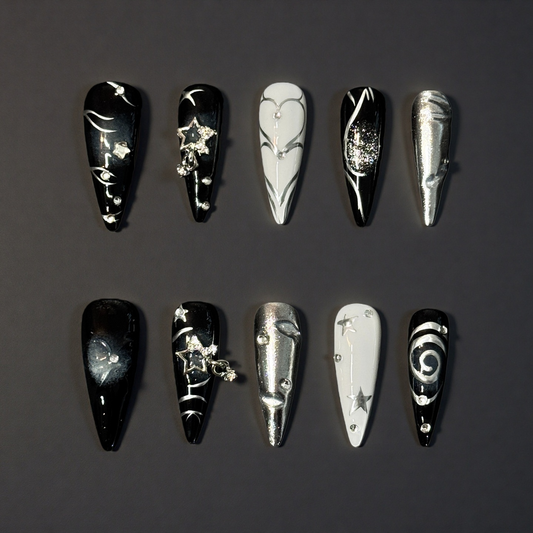 Galactic Noir – 3D Chrome Star Press-On Nails