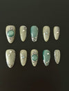 Sage Green Cat Eye Press-On Nails | Chrome Frame Gemstone Nails | Luxury Handmade by Nailpare