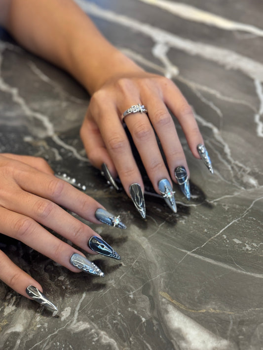 Chrome Black 3D Lava Nails with Opal Accent