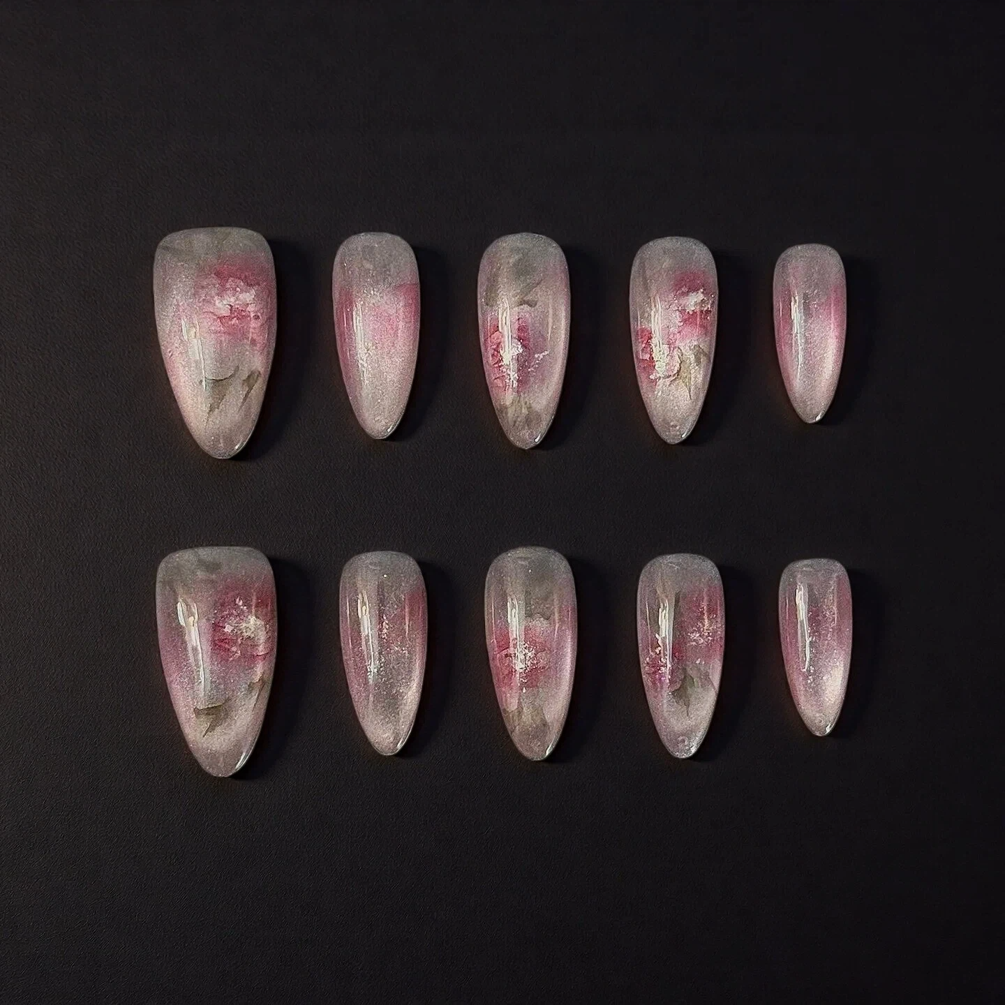 Pink Floral Marble Long Almond Press-On Nails