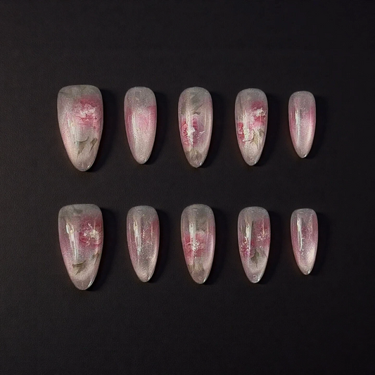 Pink Floral Marble Long Almond Press-On Nails