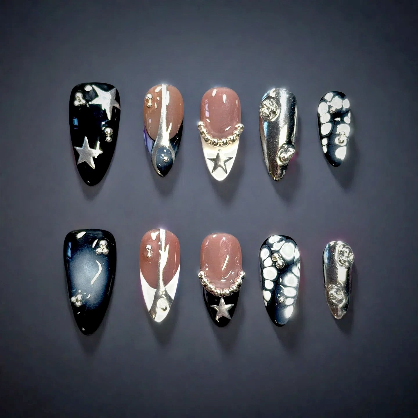 Galactic Noir Nail Set | Black & Silver Chrome with Stars, Chains & 3D Accents