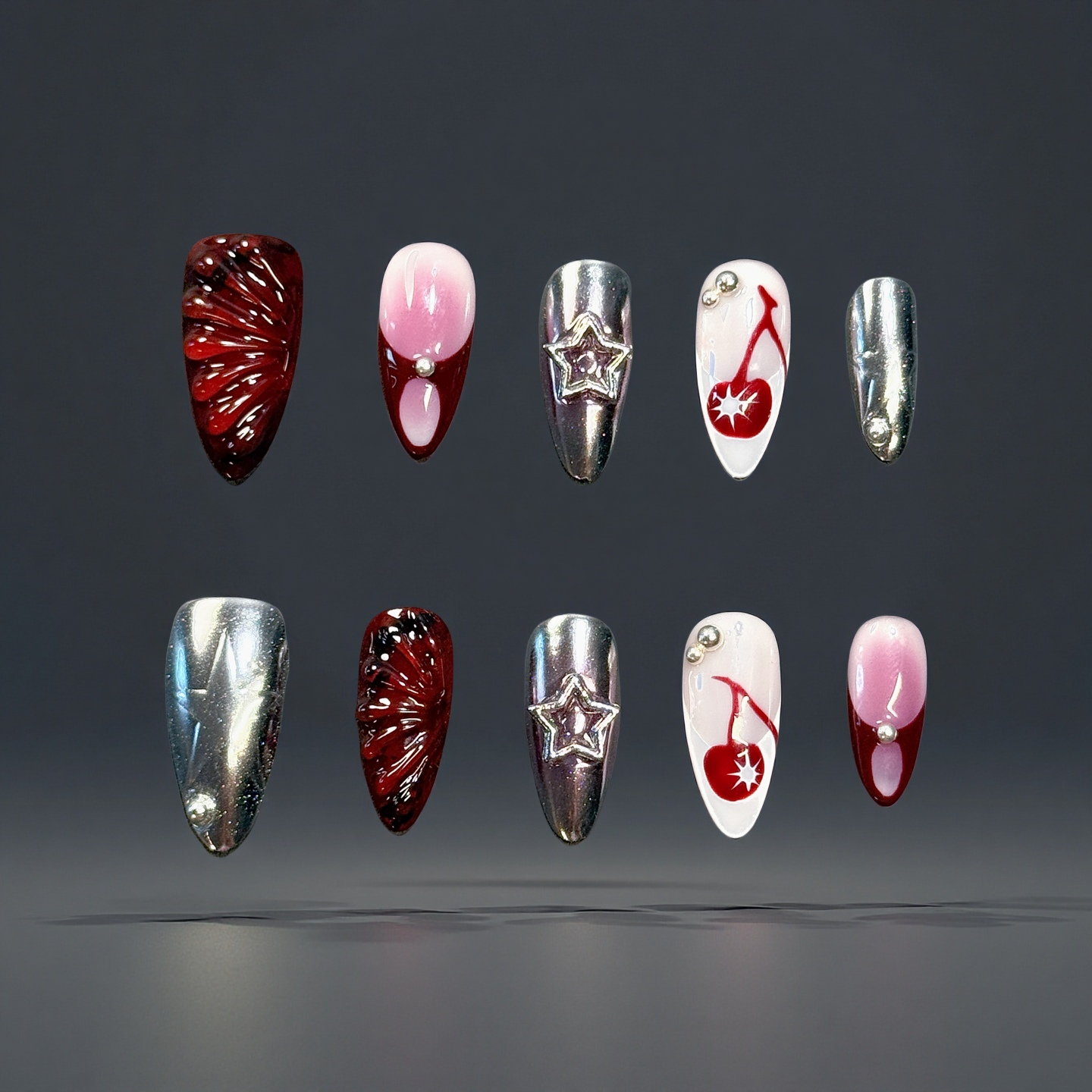Cherry Bomb Star Nails Set | Red x Silver Metallic with 3D Stars & Hand-Painted Cherries