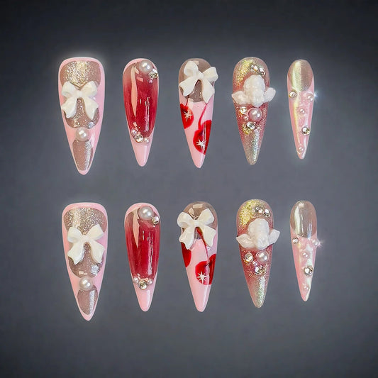 Glazed Cherry Crush Press-On Nails with 3D Bows