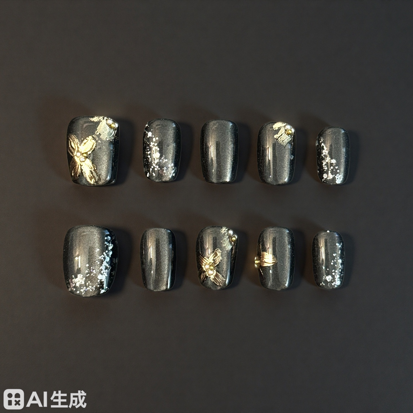 Midnight Charm – Black Cat-Eye Press-On Nails with Gold Accents