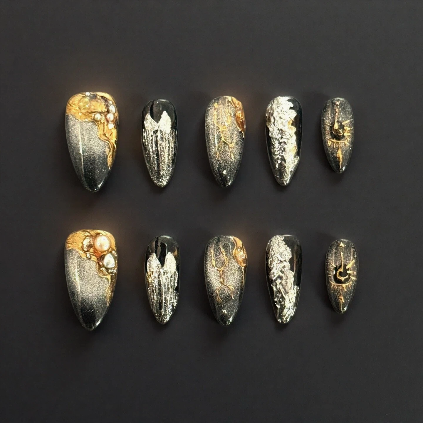 Black & Gold Luxury Metallic Press-On Nails | Elegant Marble Texture