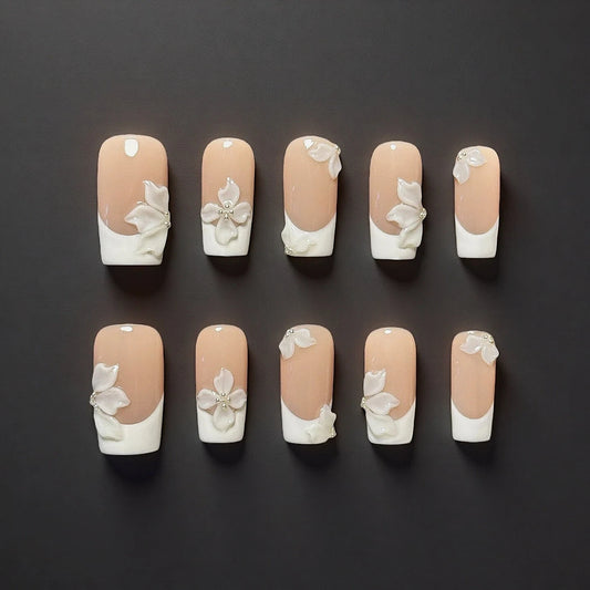 Elegant 3D White Blossom French Press-On Nails
