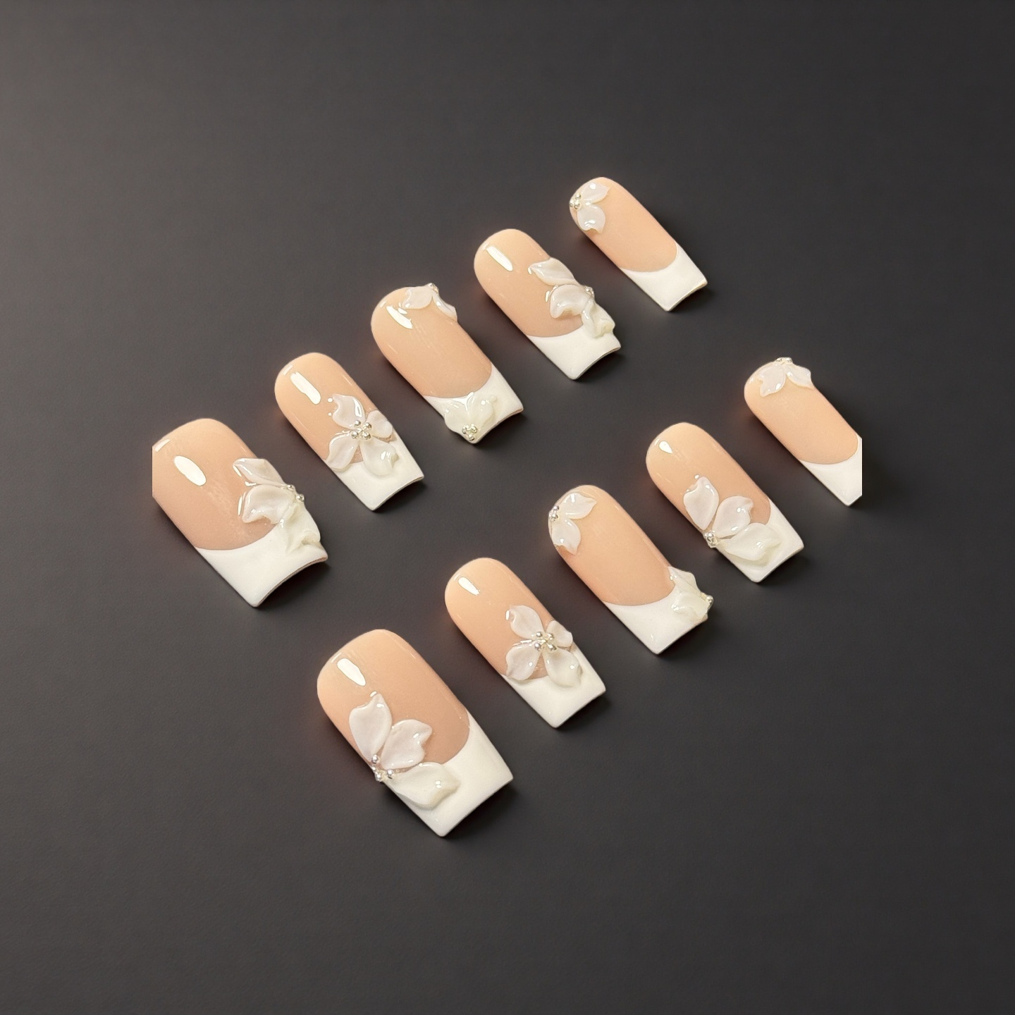 Elegant 3D White Blossom French Press-On Nails